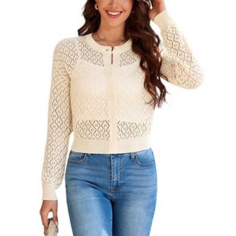 Women's Cropped Openwork Knit Cardigan Long Sleeve Button Down Round Neck Crochet Crop Top