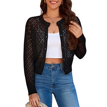 Women's Cropped Openwork Knit Cardigan Long Sleeve Button Down Round Neck Crochet Crop Top