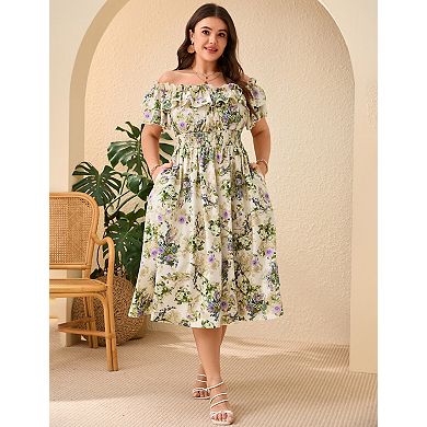 Women Plus Size Off Shoulder Maxi Dress Ruffle Flowy Casual Summer Boho Long Dresses