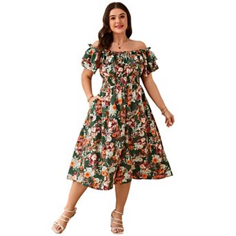 Women Plus Size Off Shoulder Maxi Dress Ruffle Flowy Casual Summer Boho Long Dresses