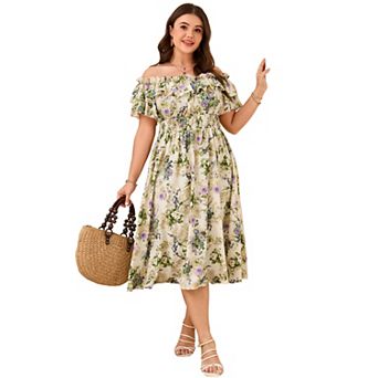 Women Plus Size Off Shoulder Maxi Dress Ruffle Flowy Casual Summer Boho Long Dresses