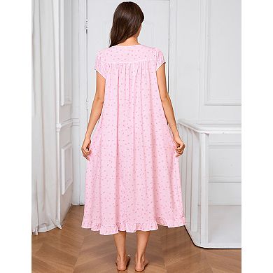 Women's Square Neck Short Sleeve Nightgown Print Shift with Pockets