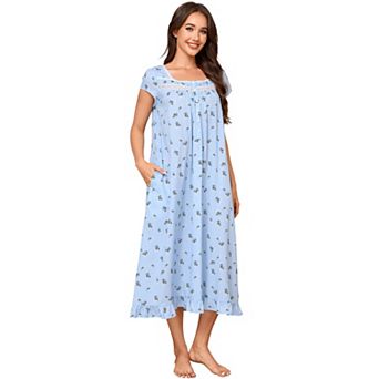 Women's Square Neck Short Sleeve Nightgown Print Shift with Pockets