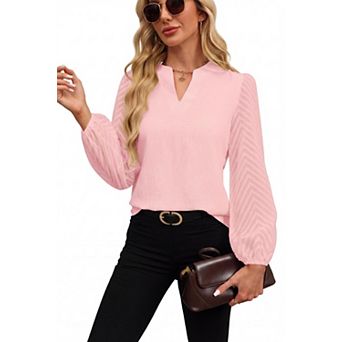 Women's Professional V Neck Blouse Sheer Chevron Sleeve Office Tops with Split Neckline