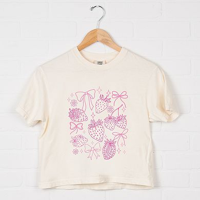 Coquette Strawberries Outlined - Women's Boxy Crop Top Graphic T-Shirt