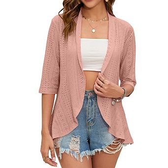 Women Casual Open Front 3/4 Sleeve Soft Ruffle Trim Cardigan Jacket