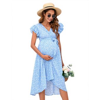 Women V Neck Maternity Wrap Dress Short Sleeve Hi Low Midi Casual Tie Front Dress