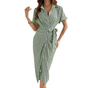 Women's Short Sleeve V-Neck Shirt Dress with Waist Tie, Button Down Ruched Midi Dress