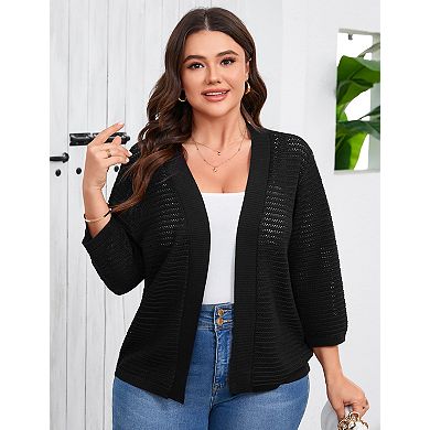 Womens Open Front Crochet Knit Plus Size Cardigan Sweater Hollow Out Lightweight Cardigans Outwear