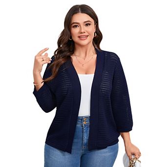 Womens Open Front Crochet Knit Plus Size Cardigan Sweater Hollow Out Lightweight Cardigans Outwear
