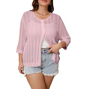 Women's Plus Size 3/4 Sleeve Cardigan Open Front Round Neck Knit Sweater