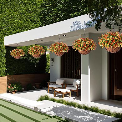 Artificial Fall Mums Hanging Baskets Outdoor Faux Flowers Eucalyptus Porch Patio Yard Decor
