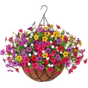 Artificial Fall Mums Hanging Baskets Outdoor Faux Flowers Eucalyptus Porch Patio Yard Decor