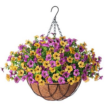 Artificial Fall Mums Hanging Baskets Outdoor Faux Flowers Eucalyptus Porch Patio Yard Decor