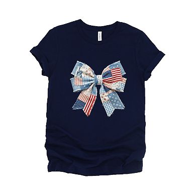 Patriotic Bow Faux Denim Patchwork - Women's Short Sleeve Graphic T-Shirt