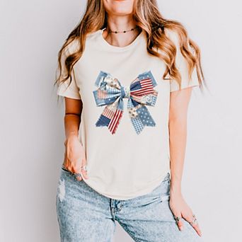 Patriotic Bow Faux Denim Patchwork - Women's Short Sleeve Graphic T-Shirt
