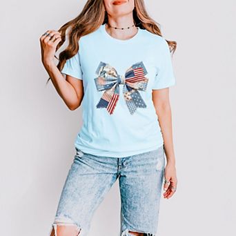 Patriotic Bow Faux Denim Patchwork - Women's Short Sleeve Graphic T-Shirt