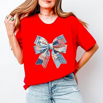 Patriotic Bow Faux Denim Patchwork - Women's Short Sleeve Graphic T-Shirt