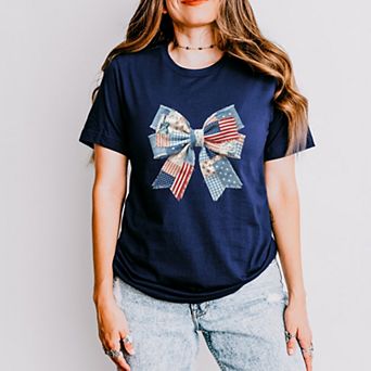 Patriotic Bow Faux Denim Patchwork - Women's Short Sleeve Graphic T-Shirt
