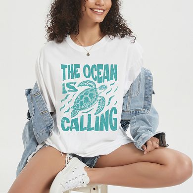 The Ocean Is Calling Turtle - Women's Garment Dyed Graphic T-Shirt