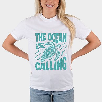 The Ocean Is Calling Turtle - Women's Garment Dyed Graphic T-Shirt