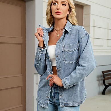 Woman Long Sleeve Drop Shoulder Collared Denim Jacket Street Button Down Jean Shirt with Pockets