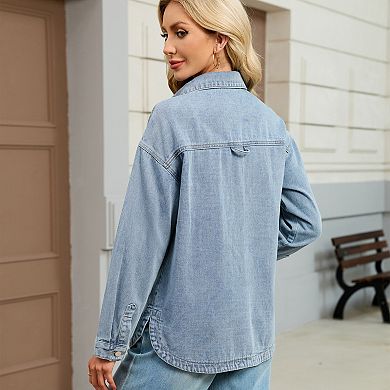 Woman Long Sleeve Drop Shoulder Collared Denim Jacket Street Button Down Jean Shirt with Pockets