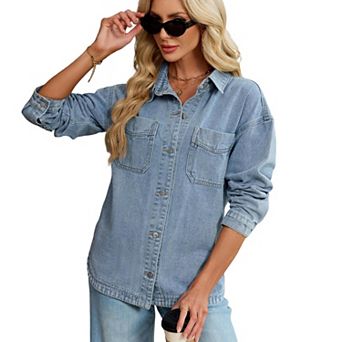 Woman Long Sleeve Drop Shoulder Collared Denim Jacket Street Button Down Jean Shirt with Pockets