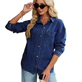 Woman Long Sleeve Drop Shoulder Collared Denim Jacket Street Button Down Jean Shirt with Pockets