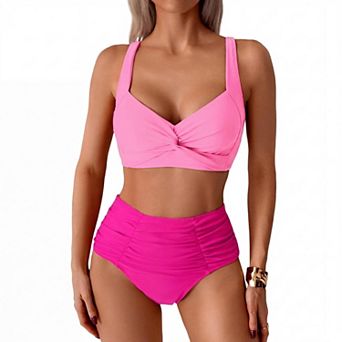 Women's Two Piece Swimsuit Twist Front Top High Waisted Ruched Bottoms Bathing Suit