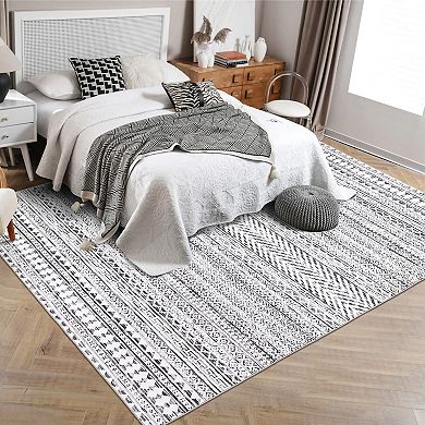 Boho Area Rug Low Pile Pet Friendly Non Slip Vacuum Clean Carpet for Kid's Room Dining Room