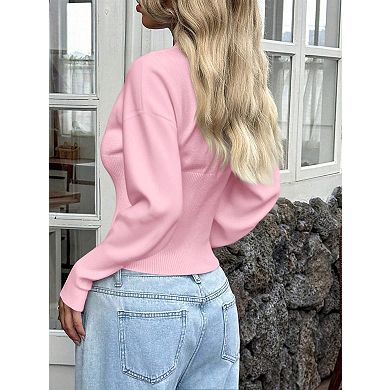 Women's Cropped V-Neck Cardigan Long Sleeve Button Down Ribbed Knit Crop Top