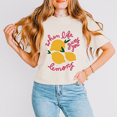 When Life Gives You Lemons Cursive - Women's Boxy Crop Top Graphic T-Shirt