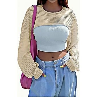 Women's Knitted Crop Shrug Long Sleeve Hollow Out Sweater Trendy Knit Cover Up