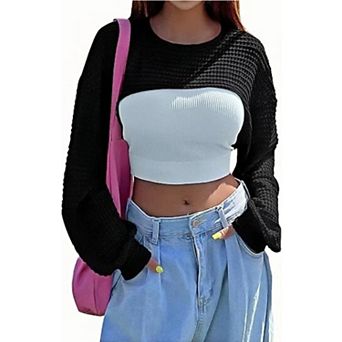 Women's Knitted Crop Shrug Long Sleeve Hollow Out Sweater Trendy Knit Cover Up