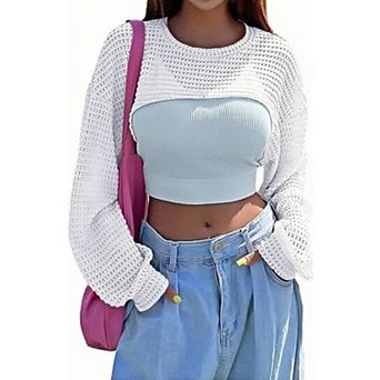 Women's Knitted Crop Shrug Long Sleeve Hollow Out Sweater Trendy Knit Cover Up