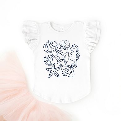 Nautical Animals Outlined - Flutter Sleeve Graphic T-Shirt