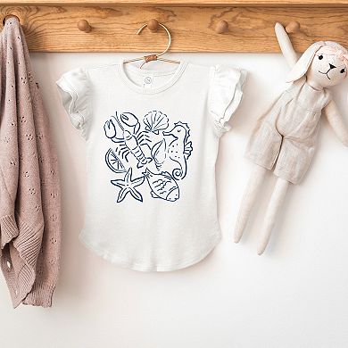 Nautical Animals Outlined - Flutter Sleeve Graphic T-Shirt