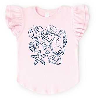 Nautical Animals Outlined - Flutter Sleeve Graphic T-Shirt