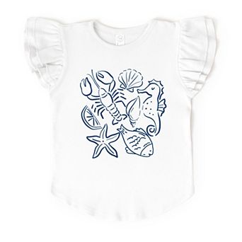 Nautical Animals Outlined - Flutter Sleeve Graphic T-Shirt