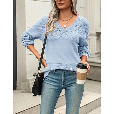 Zeagoo Women s Fall Batwing Long Sleeve Ribbed Knitted Pullover Sweater, V Neck Crochet Top