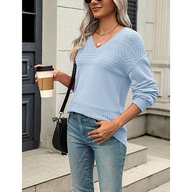 Zeagoo Women s Fall Batwing Long Sleeve Ribbed Knitted Pullover Sweater, V Neck Crochet Top