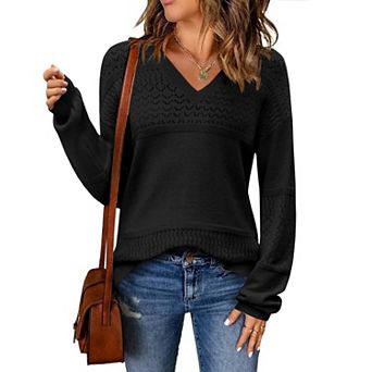 Zeagoo Women s Fall Batwing Long Sleeve Ribbed Knitted Pullover Sweater, V Neck Crochet Top