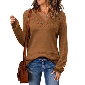 Zeagoo Women s Fall Batwing Long Sleeve Ribbed Knitted Pullover Sweater, V Neck Crochet Top