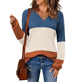 Zeagoo Women s Fall Batwing Long Sleeve Ribbed Knitted Pullover Sweater, V Neck Crochet Top