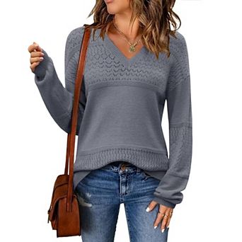 Zeagoo Women s Fall Batwing Long Sleeve Ribbed Knitted Pullover Sweater, V Neck Crochet Top