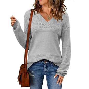 Zeagoo Women s Fall Batwing Long Sleeve Ribbed Knitted Pullover Sweater, V Neck Crochet Top