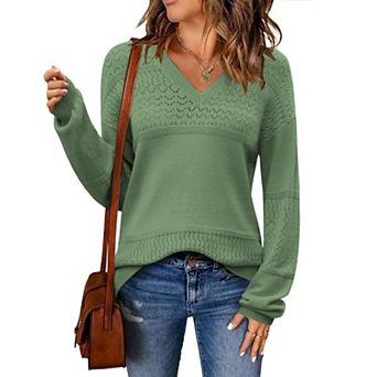 Zeagoo Women s Fall Batwing Long Sleeve Ribbed Knitted Pullover Sweater, V Neck Crochet Top