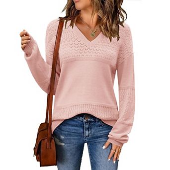 Zeagoo Women s Fall Batwing Long Sleeve Ribbed Knitted Pullover Sweater, V Neck Crochet Top