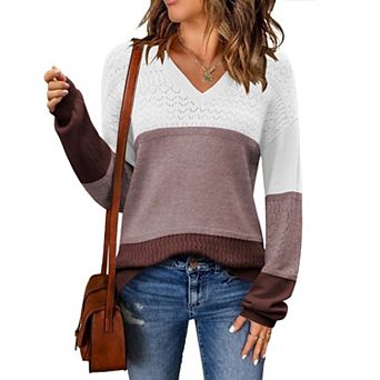Zeagoo Women s Fall Batwing Long Sleeve Ribbed Knitted Pullover Sweater, V Neck Crochet Top